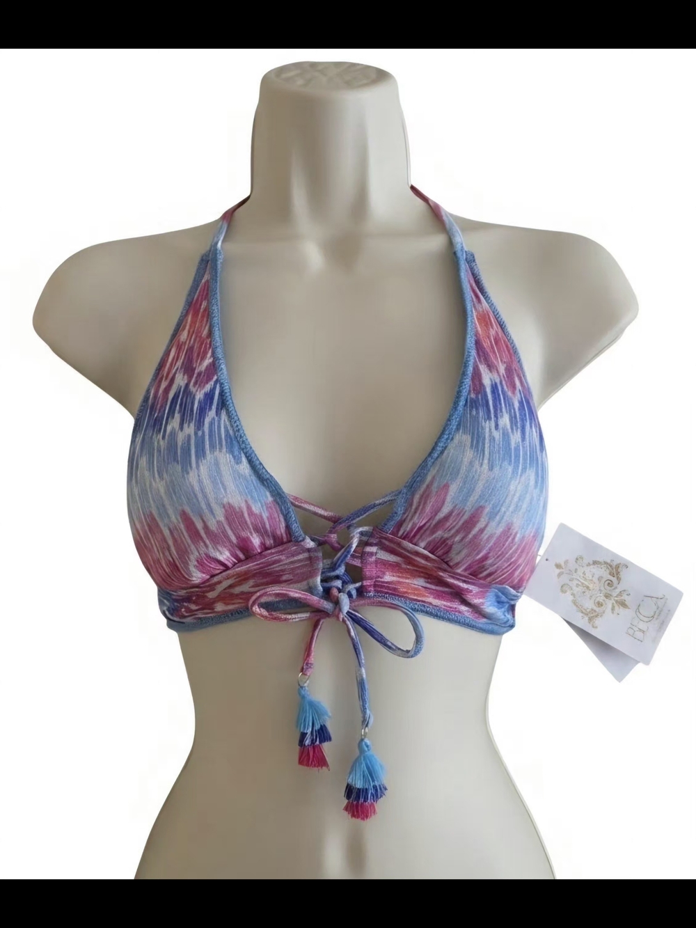 BECCA Pink & Blue Tie-Front Halter Bikini Top